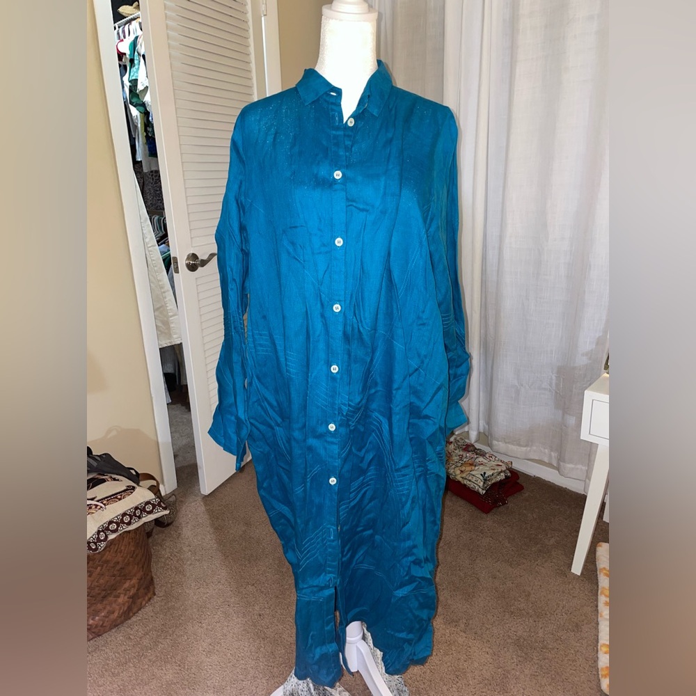 Yacco Marricard Shirt Dress Blue 100% Cotton Lightweight with embroidered detail